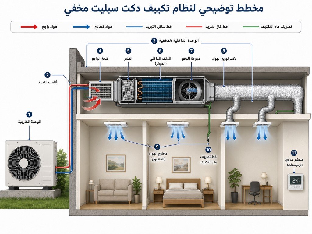 مخطط توضيحي لنظام تكييف دكت سبليت مخفي: وحدة خارجية، وحدة داخلية، دكتات، مخارج هواء، وثرموستات