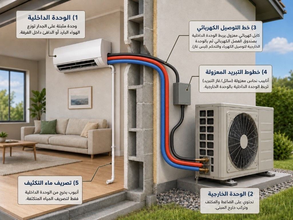 مخطط توضيحي لنظام السبليت الجداري: وحدة داخلية، وحدة خارجية، خط كهرباء، خطوط تبريد معزولة، وتصريف ماء التكثيف